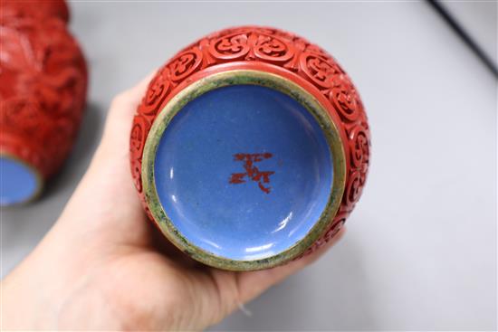 A pair of Chinese cinnabar lacquer vases, height 23cm